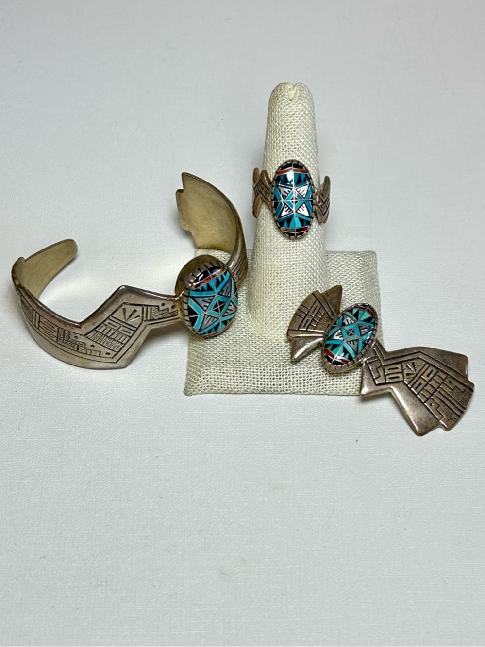 Roderick & Marilyn Tenorio Vintage Kewa Sterling 925 Inlay Cuff Ring Pendant RMT